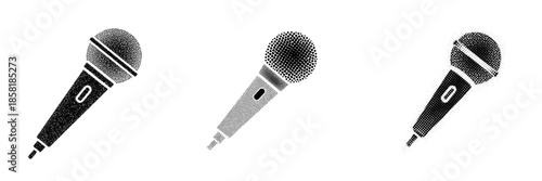 Halftone handheld microphone icons set for audio recording