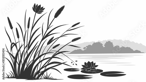 Tranquil Black and White Pond Scene with Cattails and Water Lilies for Nature, Wellness, or Memorial Design Projects