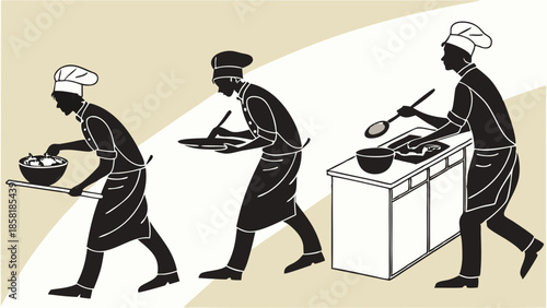 Focused Chefs Preparing Food in Sequence for Restaurant Service Kitchen Workflow Illustration