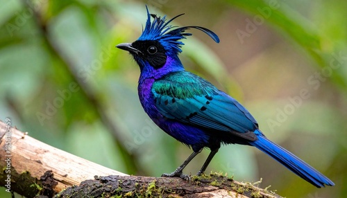 “Victoria crowned pigeon with vivid blue crest and maroon body, red eyes, standing against blurred green foliage”