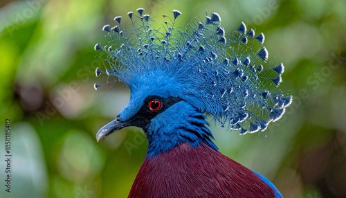 “Victoria crowned pigeon with vivid blue crest and maroon body, red eyes, standing against blurred green foliage”