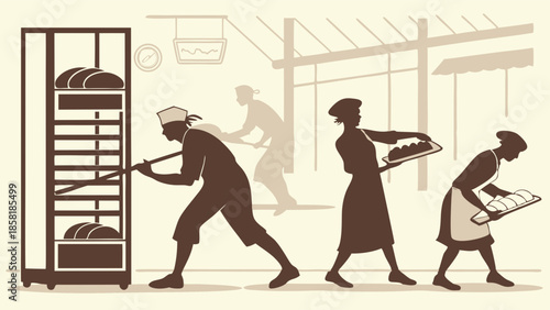 Vintage Bakery Workers Loading Bread into Oven Racks for Food Production and Small Business Sales