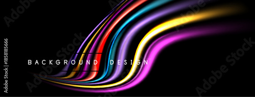 Abstract colorful lines flow across black background. Dynamic curves create modern design element. Vivid hues offer visual impact.