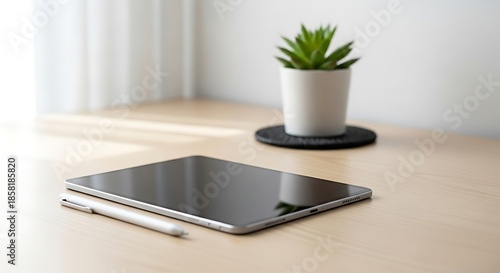 Modern Tablet and Stylus on Wooden Desk with Plant