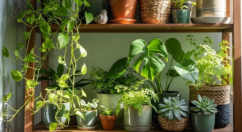 Lush Indoor Plant Display on Wooden Shelves with Sunlight