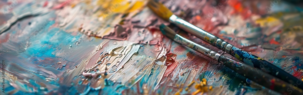 Fototapeta premium Paintbrushes with colorful paint on a palette colors