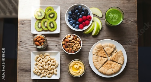 Healthy Snacks Assortment: Fruits, Nuts, Hummus, and Pita Bread
