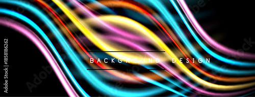 Vibrant neon lines flow, creating dynamic abstract background. Colors blend, forming energetic visual experience. Modern design element.