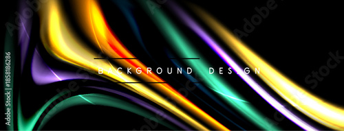 Abstract colorful lines flow across black background. Dynamic shapes create modern visual effect. Bright hues blend seamlessly.