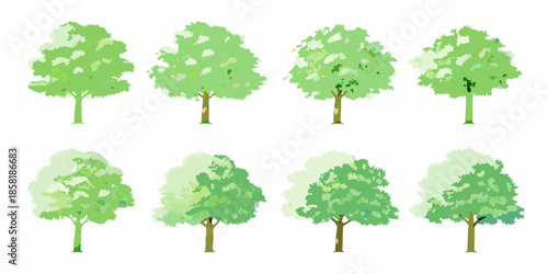 Collection of various green trees in different shapes and sizes