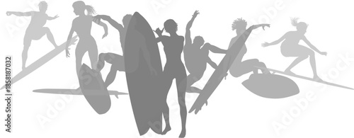 Surfer surfboard boarding male and female surfers surfing silhouette outlines. Men and women surf group design concept.