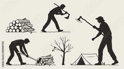 Rustic Woodsman Silhouettes Chopping Wood Stacking Firewood Camping and Outdoor Survival Manual Labor Vintage Illustration