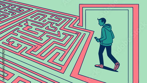 Young Person Exiting Maze Door Using Smartphone Digital Strategy Finding Solution Path Illustration