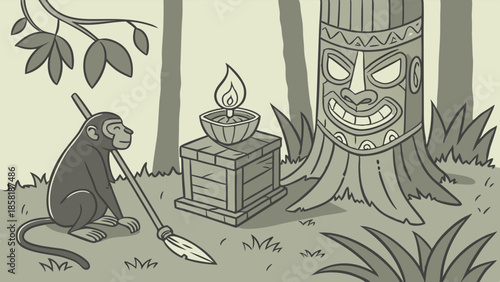 Primitive Monkey Warrior Holding Spear Near Ancient Tiki Totem and Burning Offering in Jungle Illustration for Adventure and Mythology Design.