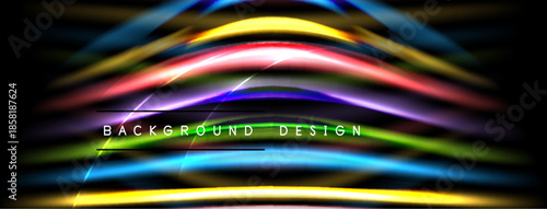 Abstract colorful lines create dynamic wave pattern. Bright hues contrast dark background. Text reads background design.