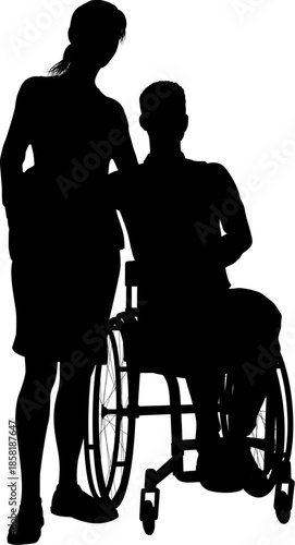 Silhouette of a couple, woman and man. Man is seated in a wheelchair.