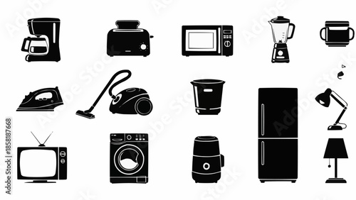 Collection of Black Silhouettes of Household Appliances.