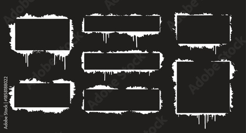 Grunge paint frame collection with rough brush borders and dripping ink textures. Distressed rectangular frames in black and white for posters, banners, and urban design. Perfect for edgy graphic 