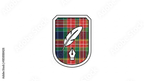 Vibrant plaid shield with white feather quill and nib on colorful tartan background for creative writing and art concepts
