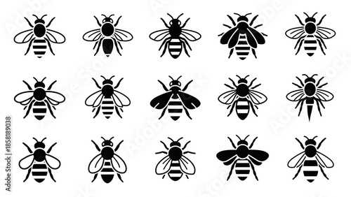 Black and white bee icons collection.