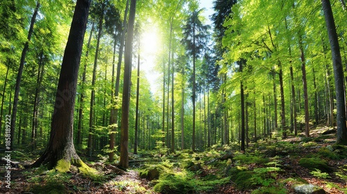Lush Green Forest Scene with Sunlight Filtering Through Trees Creating Dappled Shadows and Bright Highlights on Mossy Ground