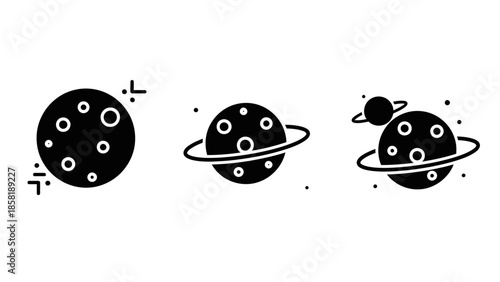 Black planet icons with rings and moons.