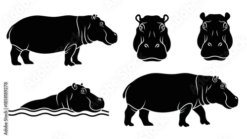 Black silhouettes of hippopotamus in various poses.