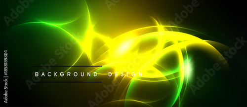 Bright abstract design features swirling green, yellow light. Dark background emphasizes luminous energy, dynamic flow. Text reads background design.