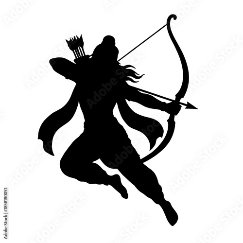 Lord Rama vector silhouette jumping and aiming bow and arrow. Dynamic Hindu god Ram illustration for Happy Dussehra, Vijayadashami, and Diwali religious festival celebration.