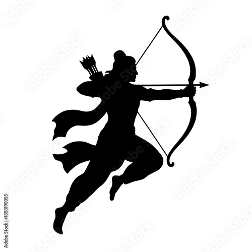 Lord Rama vector silhouette illustration running with bow and arrow. Hindu god Ram isolated on white background for Dussehra, Diwali, and Ram Navami festival design assets.