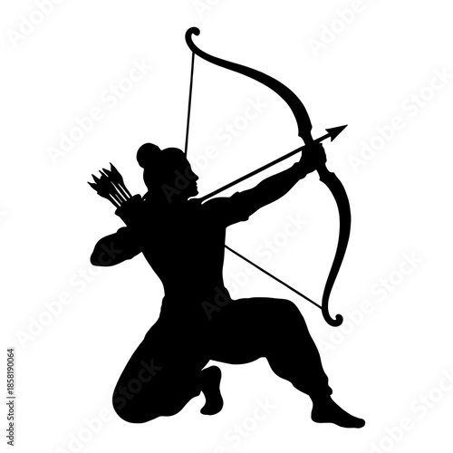 Lord Rama vector silhouette kneeling and shooting arrow. Hindu god Ram sitting pose illustration for Vijayadashami, Dussehra, and Diwali festival religious graphic design.