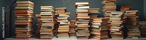 Many books stacked on top of each other on a table