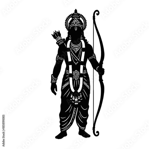 Lord Rama standing with bow and arrow vector silhouette. Hindu warrior god archer isolated illustration for Diwali and Dussehra festival.