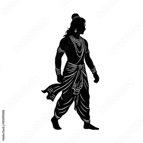 Lord Rama walking side view vector silhouette. Prince of Ayodhya Hindu deity isolated illustration for religious holiday design.