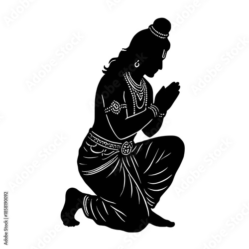 Lord Rama kneeling in prayer vector silhouette. Hindu god doing Namaste gesture isolated illustration for worship and devotion concepts.