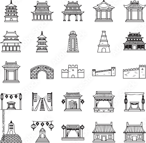 Chinese Architecture Festival Line Icons Black White Vector Set