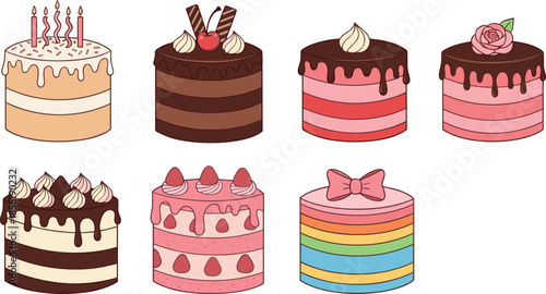 Cute cake illustration set with assorted layered desserts, chocolate toppings, strawberries, and rainbow cake in flat cartoon style for bakery menus, celebrations, and food designs