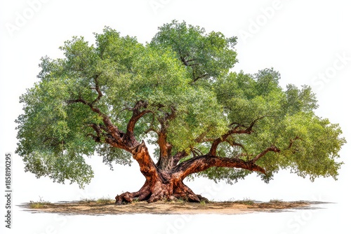 Solitary Old Tree with Broad Canopy and Thick Trunk in Sunlight on a White Background