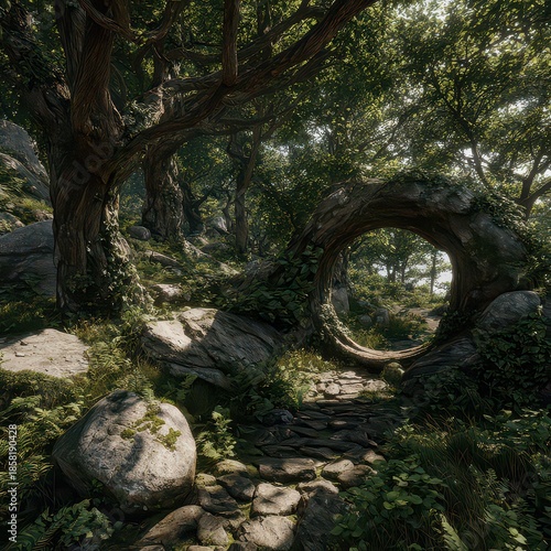 Stone Archway in Lush Green Forest with Sunlight Filtering Through Leaves Creates a Tranquil and Mystical Atmosphere with Moss Covered Stones and Foliage