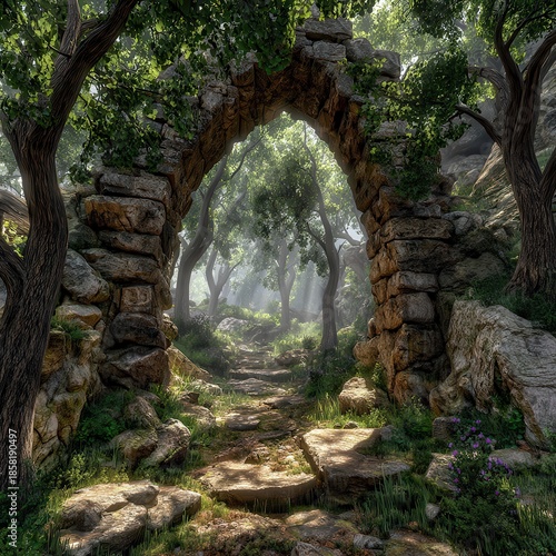 Stone Archway Leading into Sunlit Forest Path with Lush Greenery Mossy Rocks and Trees in Magical Landscape