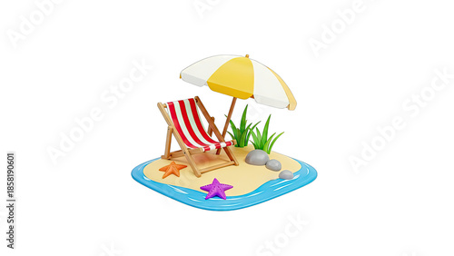 Beach Scene with Umbrella, Chair, and Starfish - Summer Vacation