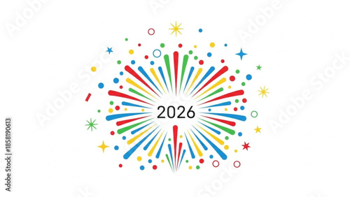 Vibrant colorful explosion of lines and stars surrounding 2026 in black text on white background for new year celebration