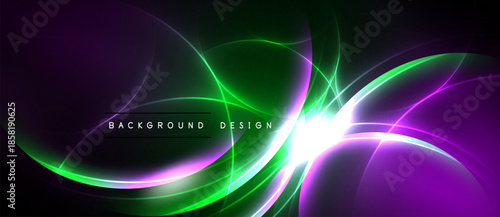 Abstract vibrant design. Green, purple glows create dynamic flowing shapes. Dark background emphasizes bright energy, modern aesthetic.