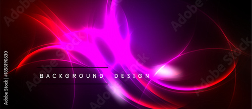 Abstract vibrant design. Red, purple glows radiate from central point. Dark background enhances luminosity, creating dynamic visual effect.