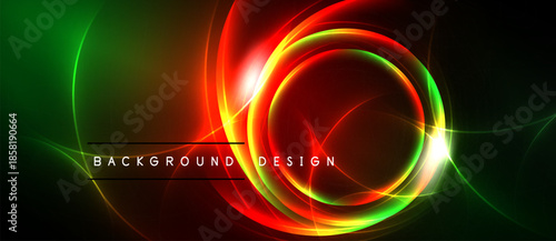 Abstract neon lights create vibrant circular design. Green, red, yellow hues blend against dark backdrop. Modern, energetic visual.