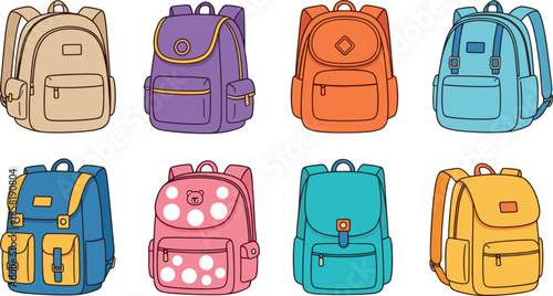 School backpack illustration set with colorful bags in cute flat cartoon style for education, travel, kids, students, and everyday accessories designs