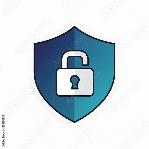 Blue Shield with Unlocked Padlock Security Icon.