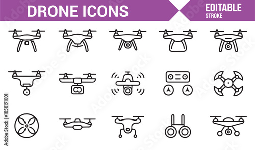 Unmanned aerial vehicle line icon set
