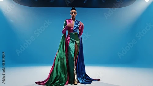 Elegant fashion model posing dramatically in a vibrant multi-colored flowing haute couture dress against a clean blue studio background, perfect for luxury fashion advertising and modern lifestyle 