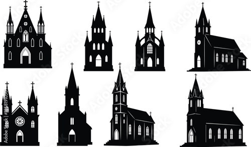 Church icons, religious architecture silhouettes, black outline buildings, steeple symbol, cross branding, arched window concept, tower badge, sacred design